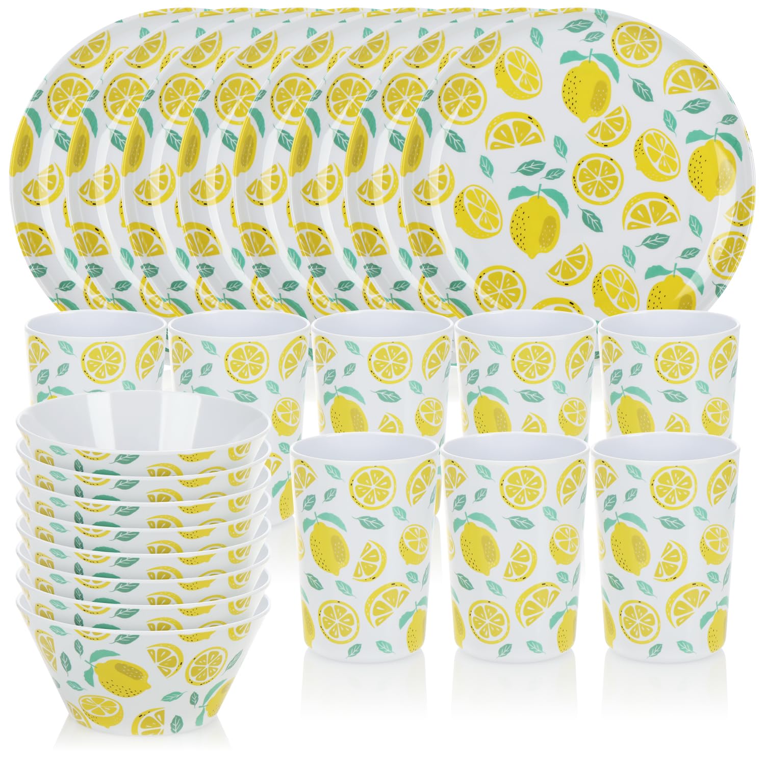 com-four® vajilla 24 Piezas, melamina Reutilizable, Platos, Cuencos, Vasos, diseño Veraniego (Juego de 24 Piezas - Limones)
