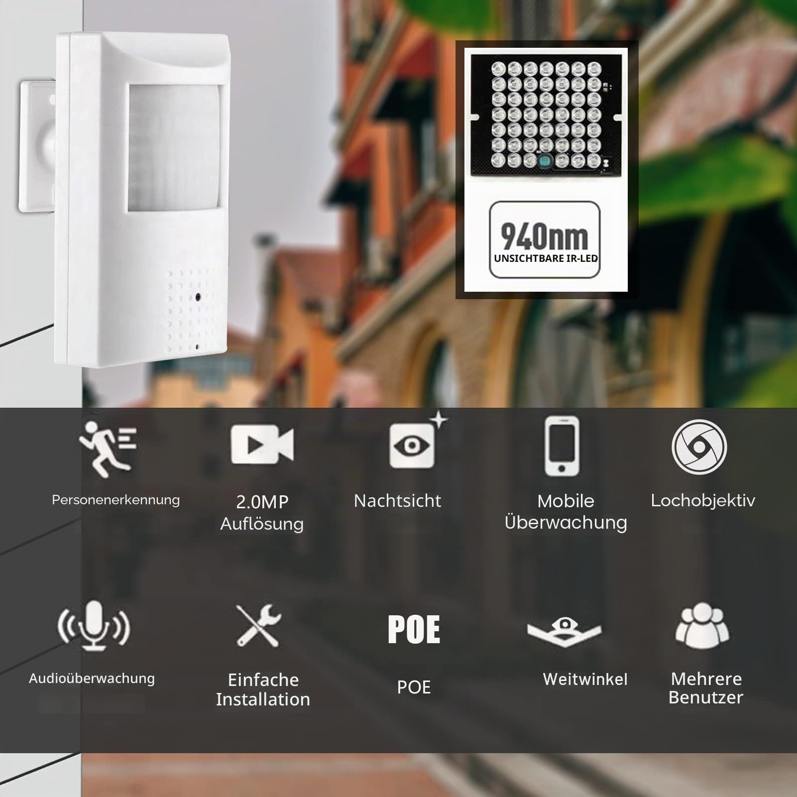 WiTi IP Kamera POE 1080P Full HD 2MP Pinhole Objektiv,PIR-Kameras mit eingebautem Mikrofon Audio und unsichtbaren Infrarot-LEDs,funktioniert für Sicherheitsüberwachung,NVR-Systeme,Ethernet H.265