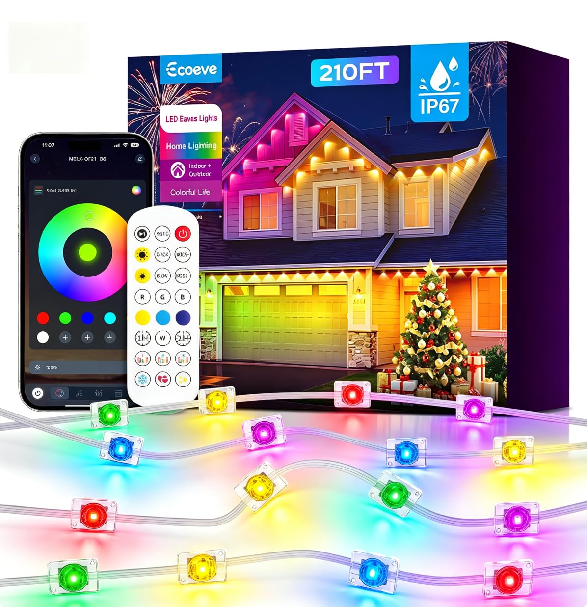 Photo 1 of Ecoeve Permanent Outdoor Lights for House,210ft RGB+IC Lights with 16 Million Colors & 50 Scene Modes, App/Remote Control, IP67 Waterproof, DIY Music Sync, for Christmas, Holiday & Party Decor