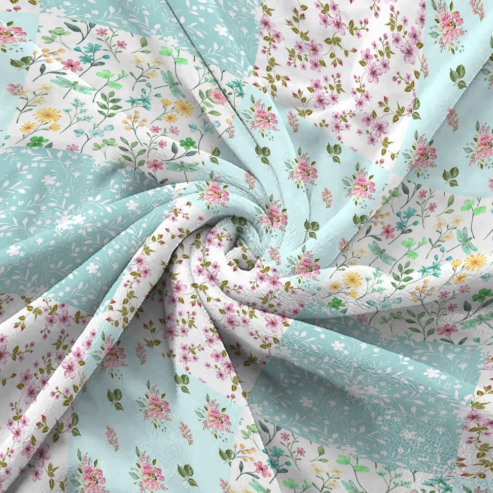 Floral Blankets Light Blue Floral Patchwork Blanket, Botanical Flowers Throw Blanket, Soft, Flannel, Warm, Flowers Bed Blankets All Season for Couch Bedroom Living Room 50X60 Inch