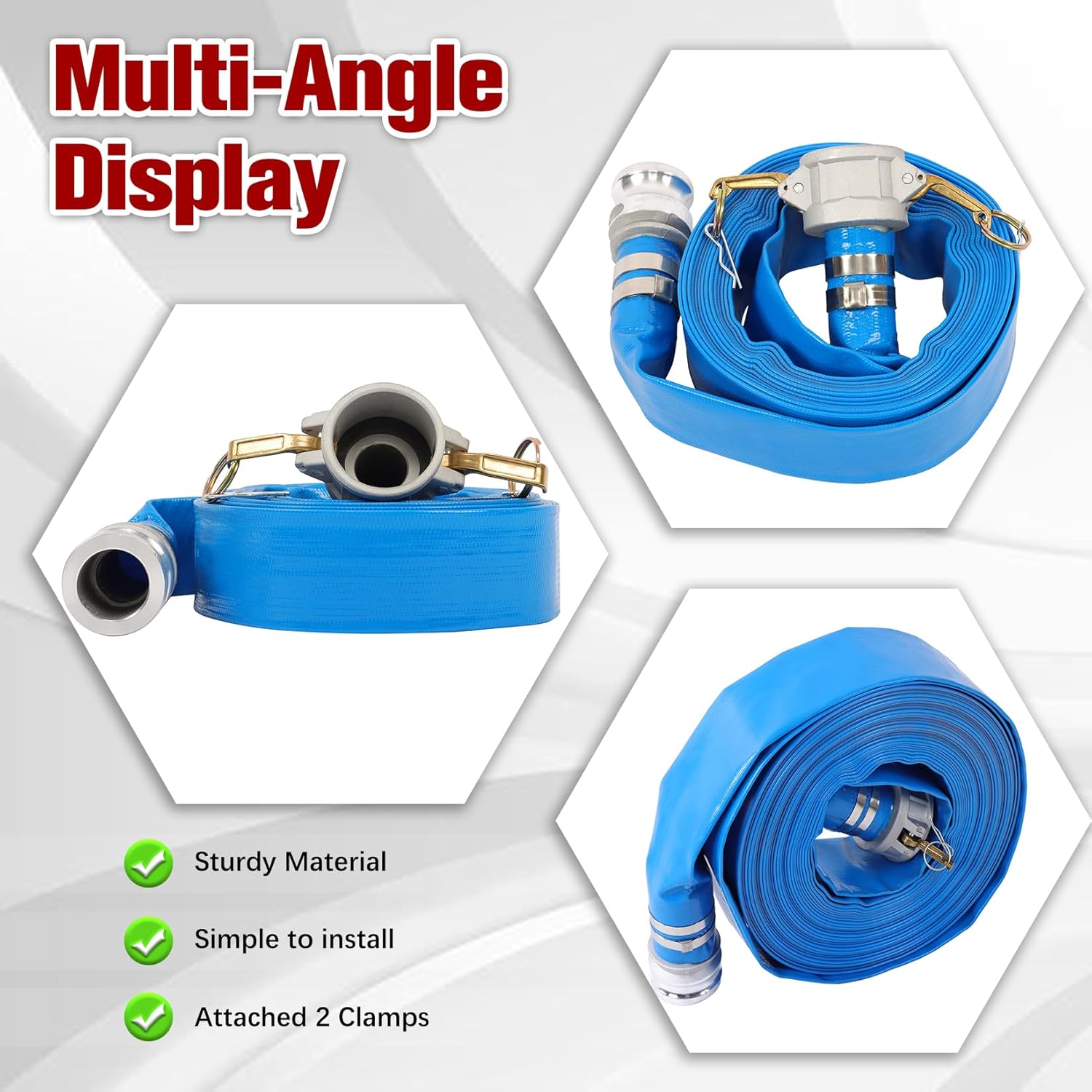 findmall 1-1/4 x 100FT Heavy Duty Pool Backwash Hose, Reinforced PVC Lay Flat Discharge Pump Hose, Water Transfer Pools Drain Hose with Aluminum Camlock C and E Fittings
