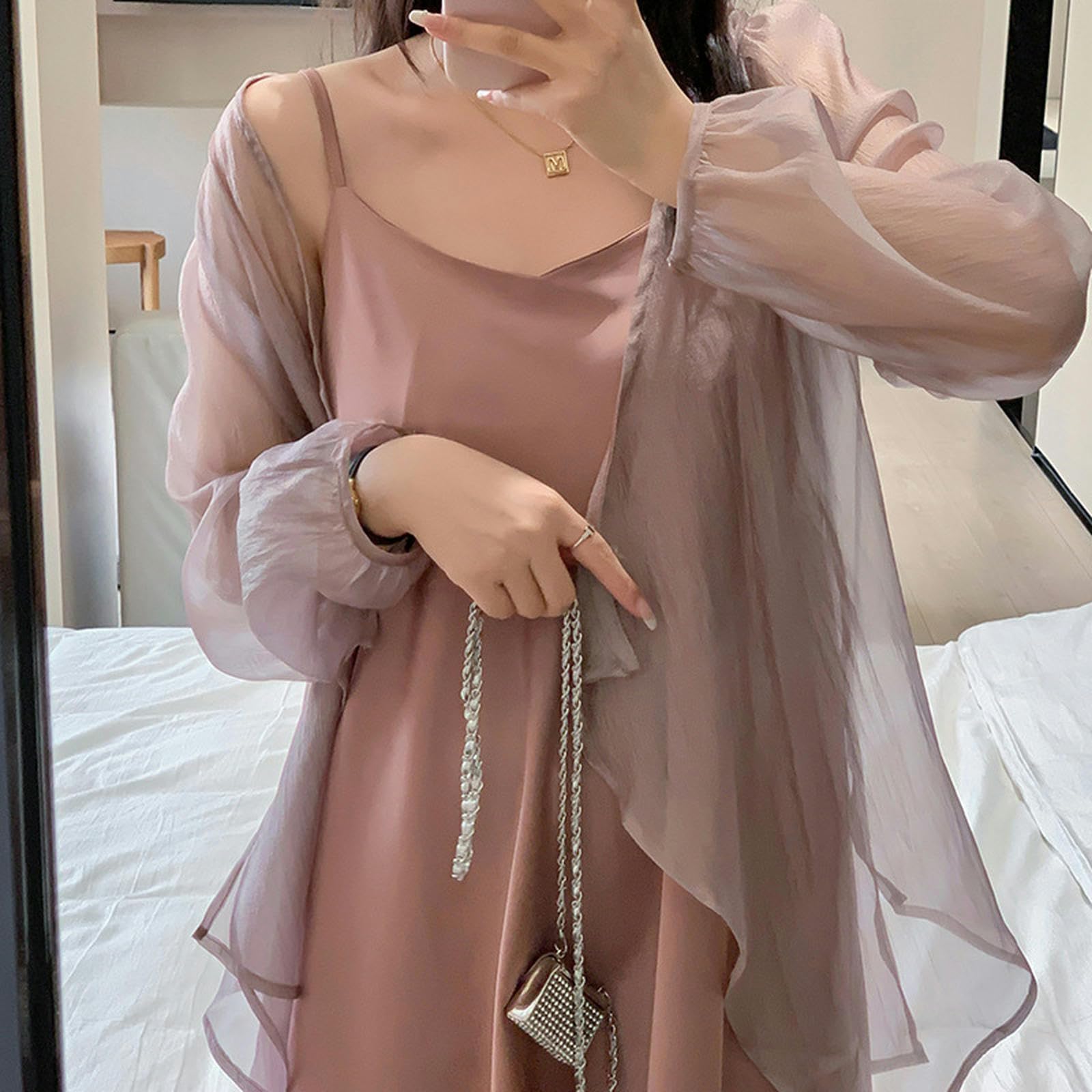 Ropa de Verano para Mujer de Talla Grande, cárdigan Ligeramente Transparente para niña Gorda + Conjunto de Falda con Tirantes - raíz de Loto Rosa - 4XL
