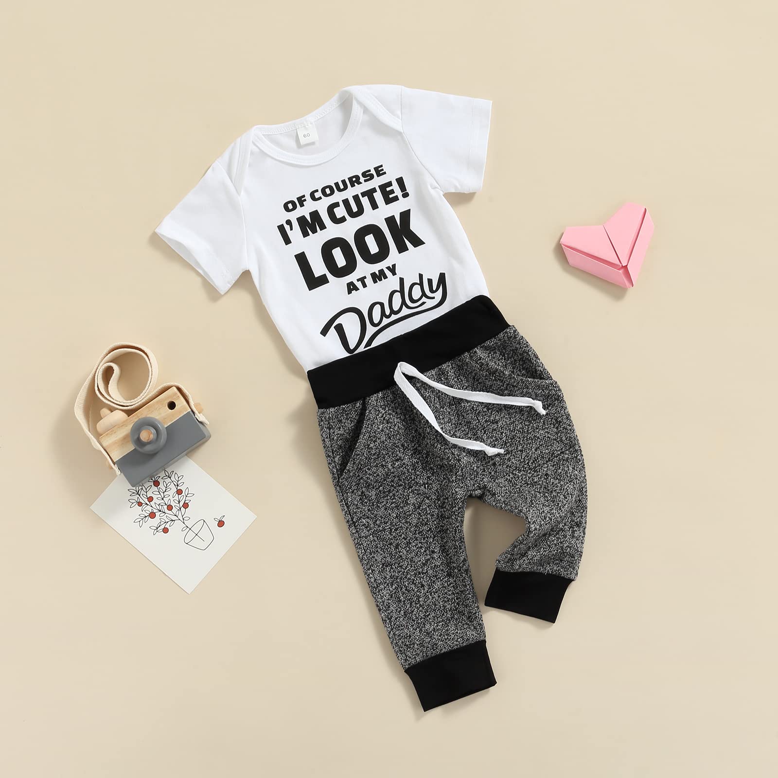 Honganda Newborn Baby Boy Funny Letters Print Short Sleeve Bodysuit Romper Pants Summer Outfit Set (White+Gray, 0-3 Months)