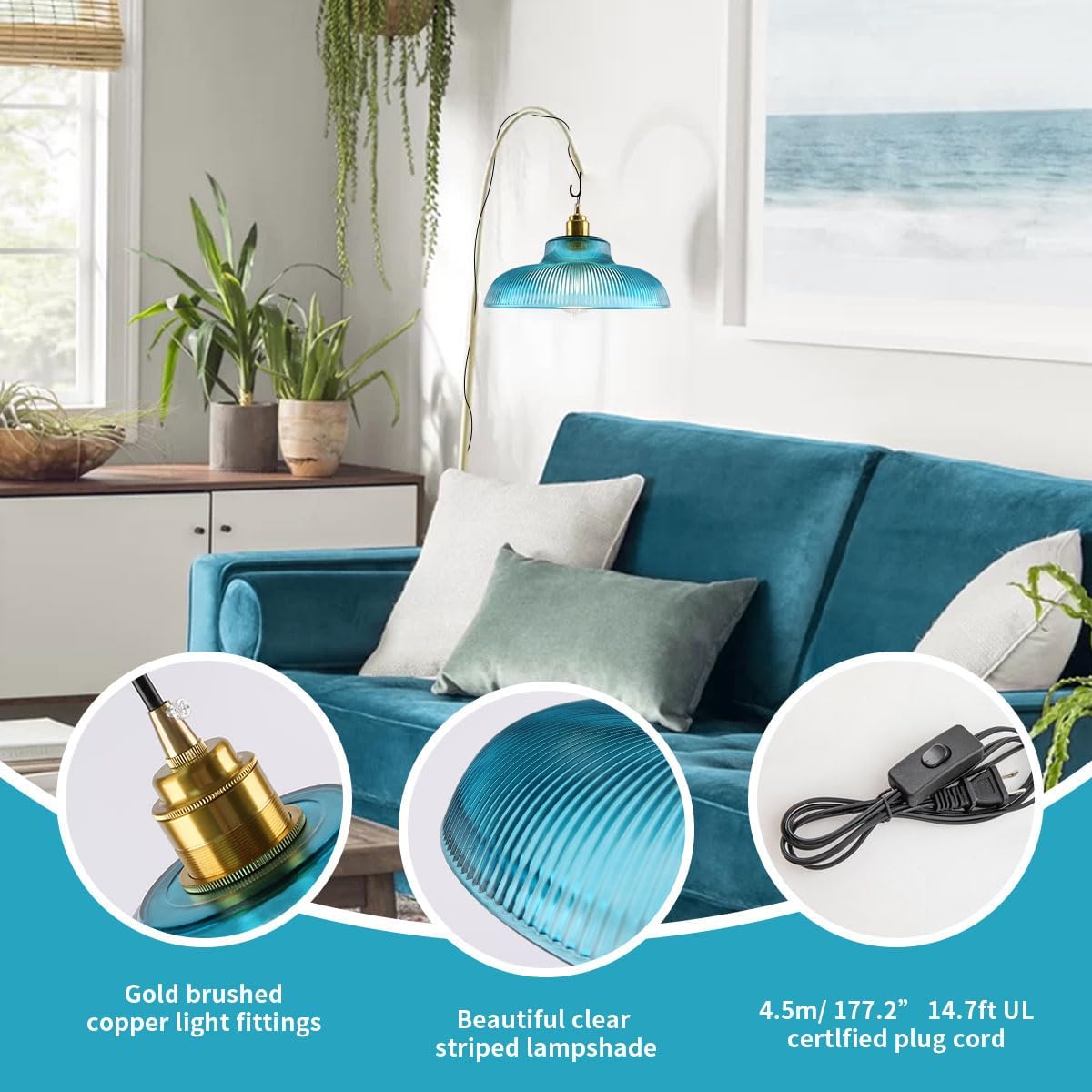 Blue Glass Hanging Lamp Plug in Pendant Light Vintage Plug in Hanging Light 14.7 ft Cord On/Off Switch Modern Industrial Pendant Lamp Swag in Chandelier Ceiling Fixture Living Room