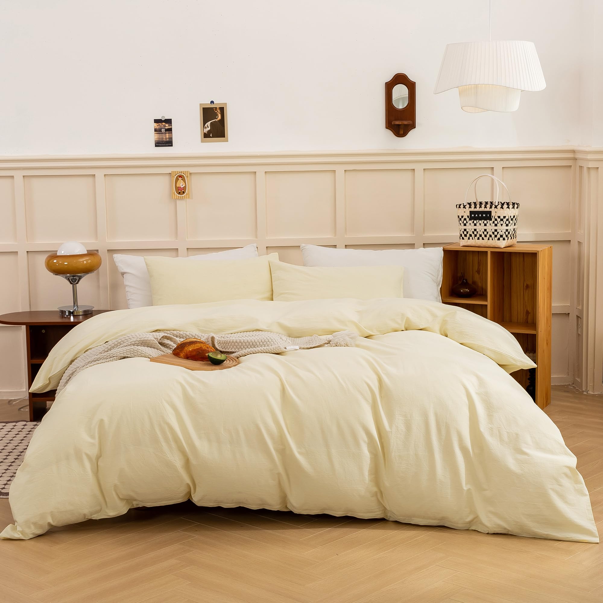 ECOCOTT Duvet Cover Set, 100% Washed Cotton Linen-Like Soft &amp; Breathable, Durable Comfy Bedding Set for All Seasons (Light Yellow, Queen)
