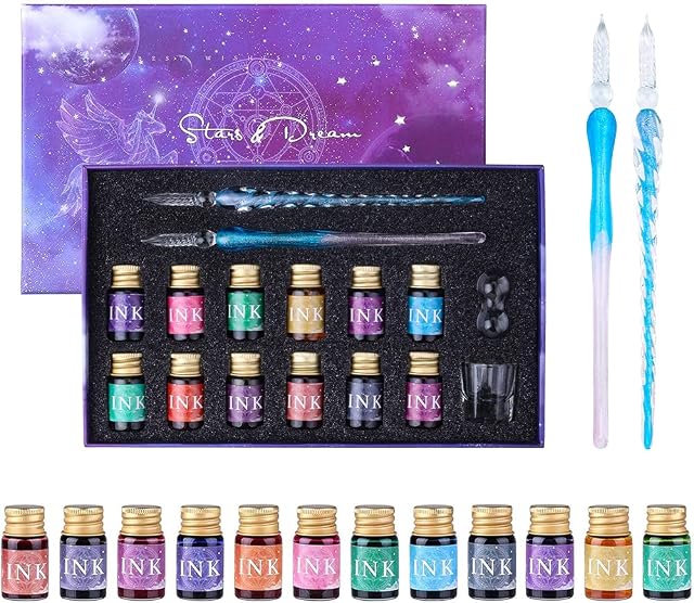 Dip Pen and Ink Set, Glass Dip Pen Set with 2 Calligraphy Crystal Pens and 12 Gold Inks, Pen Holder & Cleansing Cup, Glass Dip Pen Beginners Gift Set for Art, Drawing, Writing, Signatures, Cards