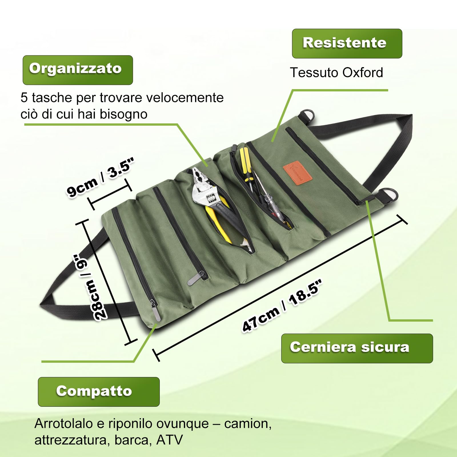 Borsa Attrezzi Arrotolabile MORROWIND | Oxford Impermeabile 28x47 Cm | 5 Tasche Con Cerniera | Per Meccanici E Fai-da-te
