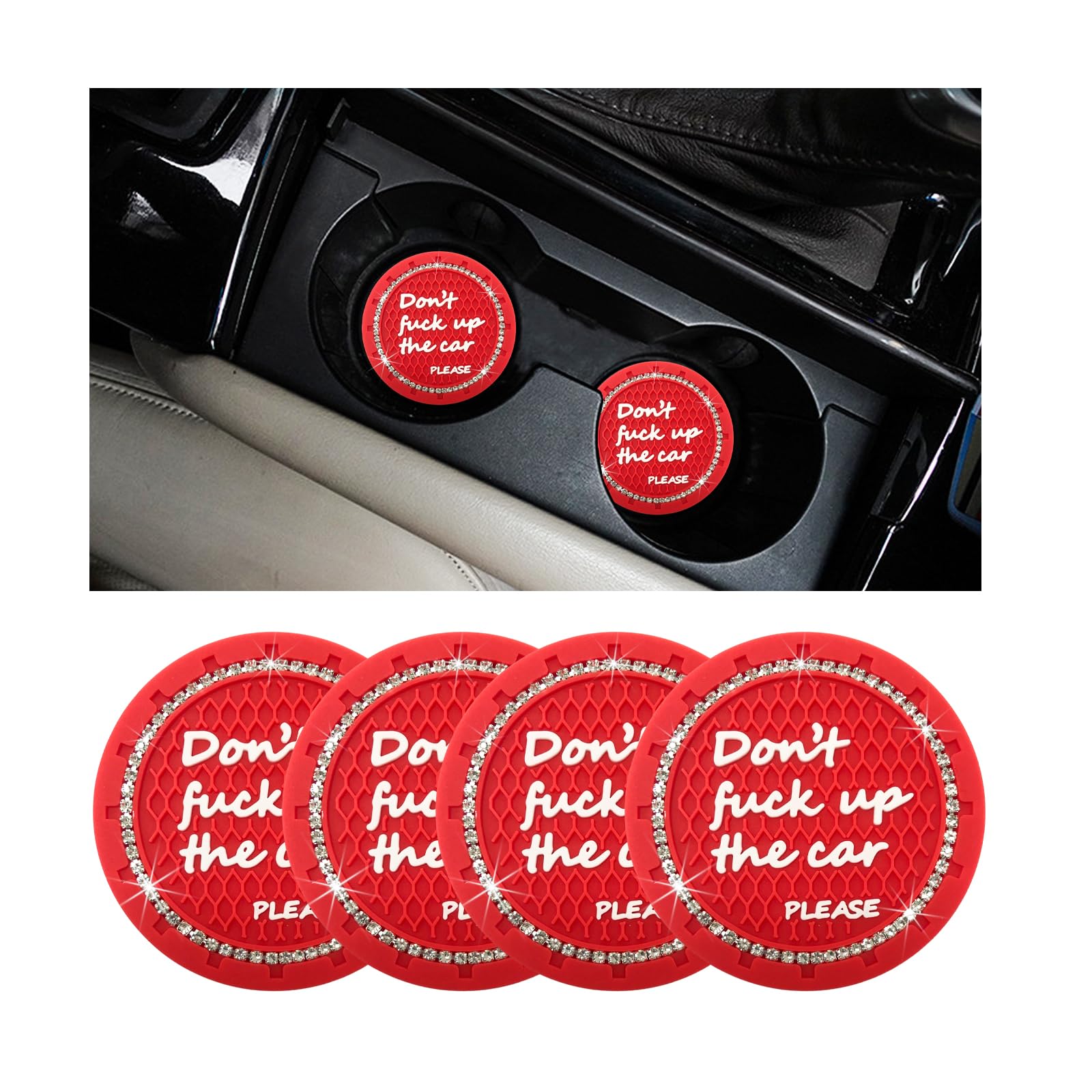 4 PCS Bling Car Cup Holder Coaster, 2.8 Inch Crystal Rhinestone Cup Holder Insert Coaster, Anti-Slip Auto Drink Cup Mat, Universal Interior Accessories for Women Girls (Red)