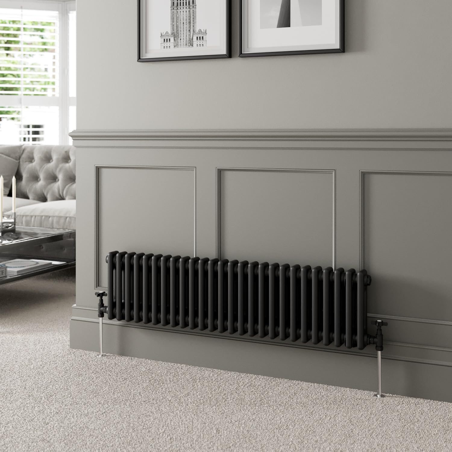 DuraTherm® 300 x 1190mm Black Traditional Horizontal Designer Radiator Double Column Colosseum Cast Iron Style Central Heating Panel Radiators Rad — image 1