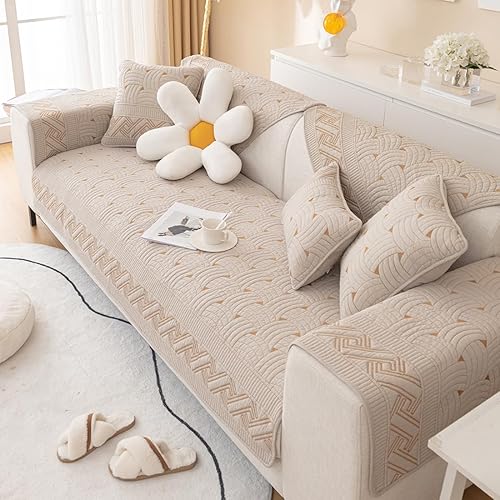 Miniatura 4 de vctops Funda acolchada de algodón de color liso para sofá, con patrón de tejido suave, funda de sofá modular con bordado antideslizante para perros,