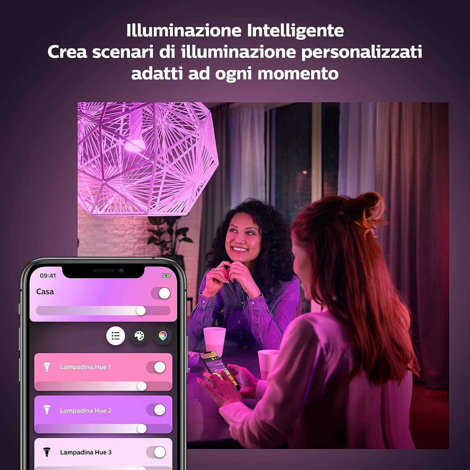Philips Hue White & Color Ambiance Starter Kit 2 Lampadine Smart, Attacco E27, 9W, Hue Bridge e Telecomando Smart Button inclusi White and Color Ambiance Lampada da Tavolo LED Smart Play