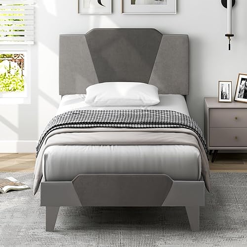 Giantex Base de cama tapizada de terciopelo individual con cabecero, cama de plataforma moderna con listones de madera fuertes y estribo de 2
