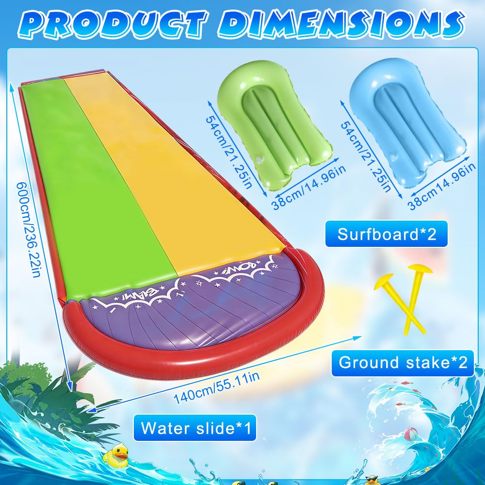 Wasserrutsche Garten für Kinder 19.7ft 600cm mit 2 Bodyboard Doppelrutsche eingebautem Sprinkler Outdoor
