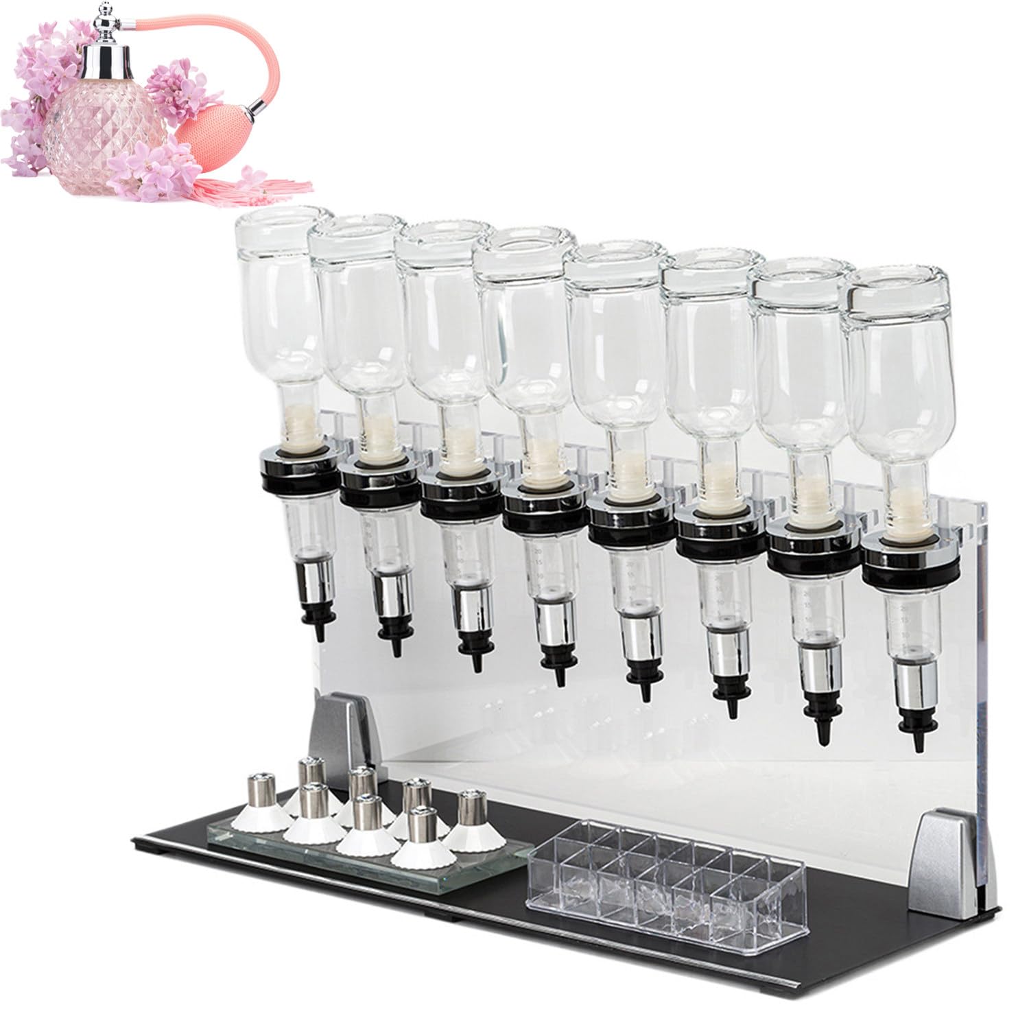 Ręczny dozownik perfum z 12 butelkami stacja do napełniania perfumami biurkowy dozownik do płynów organizer próbek perfum 0,2 qt regulowany zestaw do przenoszenia 8heads
