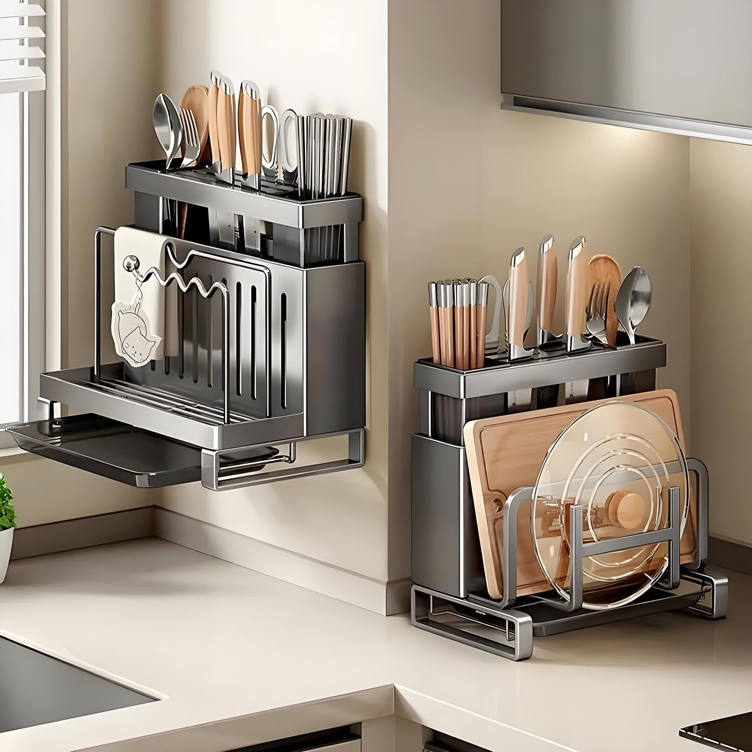Knife Holder,Cutting Board Holder Organizer, Kitchen Knife Storage Rack Shelf, Utensil & Cutlery Caddy, Pot Lid Stand with Drain Tray Utensil Holders Bakeware Cookware Chopping Board Storage Stand (B)