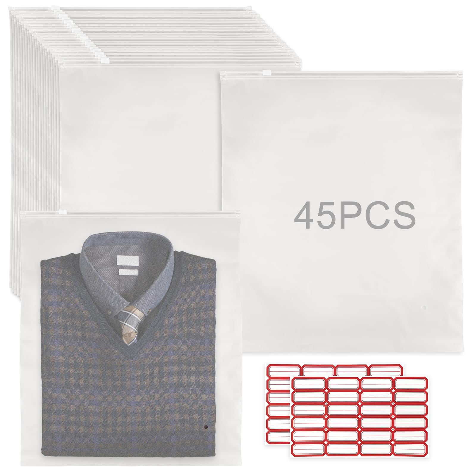 45 Pezzi Sacchetti Vestiti Viaggio con Zip Kit,40x35cm Buste per Indumenti Sacchetti Plastica Richiudibili, Impermeabili Smerigliato Maglioni Valigia Organizer, per Indumenti, Scarpe