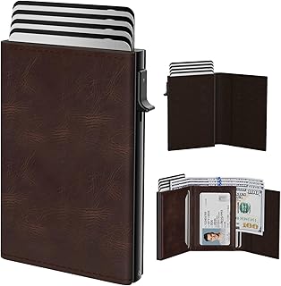 typecase Mens Wallet Card Holder: Pop Up Aluminum Case, Genuine Leather, Smart, RFID Blocking, Slim, Minimalist, Front Pocket - 9-14 Card Capacity | ID Window | Cash Slot - Oil Wax Brown