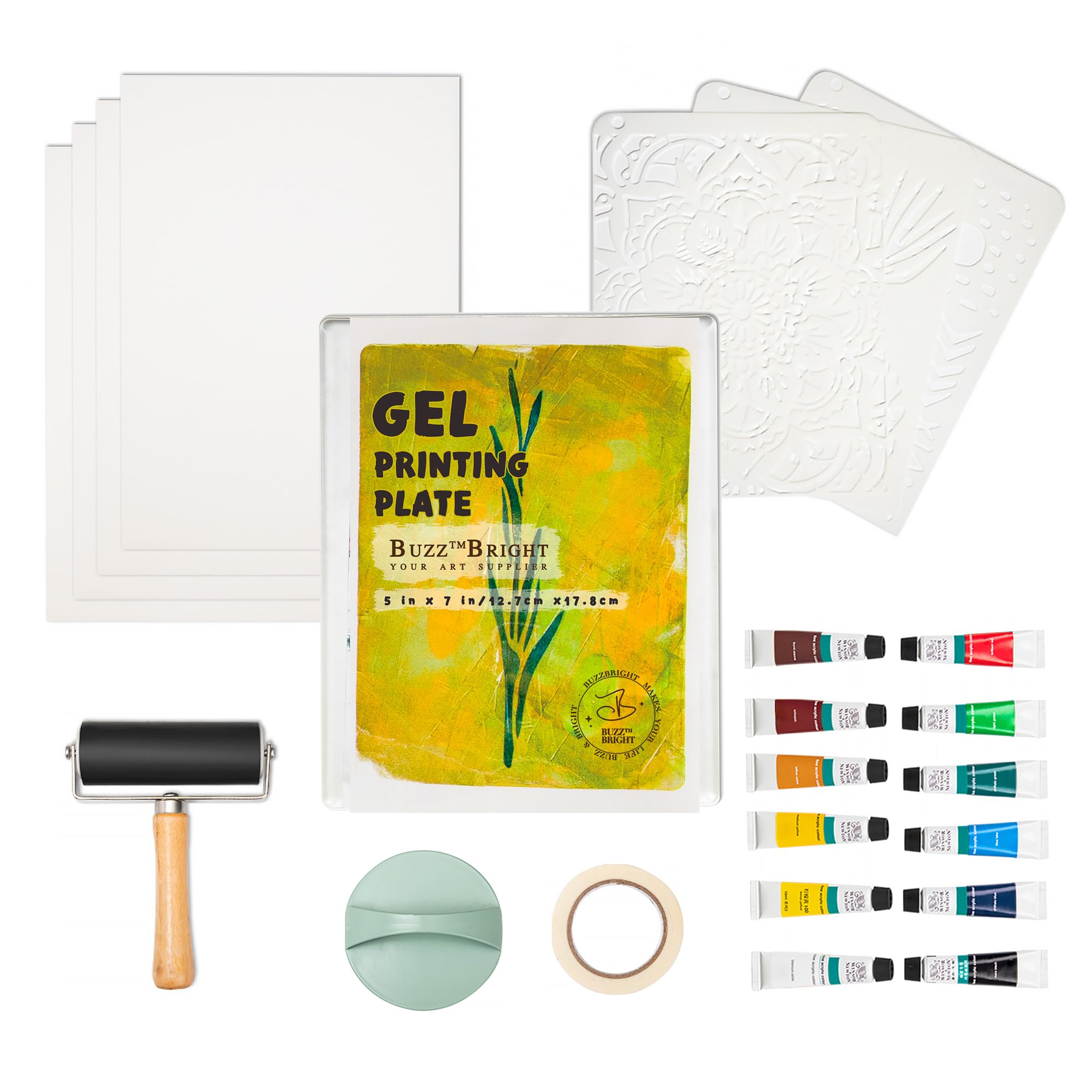 BuzzBright Gel Printing Plate kit, Complete Printmaking Set with 5”X7” Gelatin Plate, Brayer, Printmaking Paper, Acrylic Paint and Essential Tools for Mixed Media Art, Monoprinting, Card Making