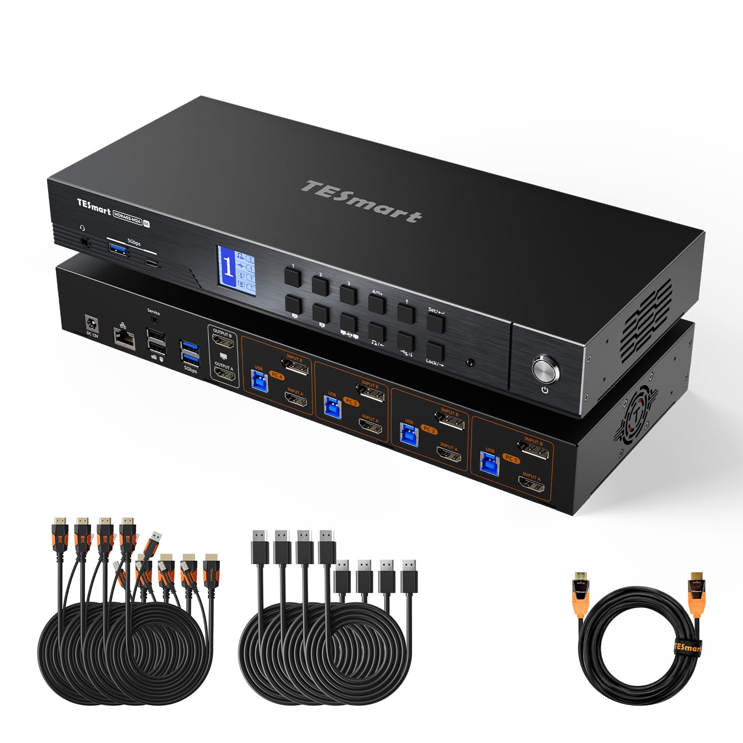 TESmart Pack KVM HDMI+DP 8K@60Hz 4 PC 2 Moniteurs + Câble HDMI 2.1 Fibre Optique 10 m, 48 Gbit/s, 4K@144Hz, USB 3.0, EDID, Réseau Gigabit, HDCP 2.3
