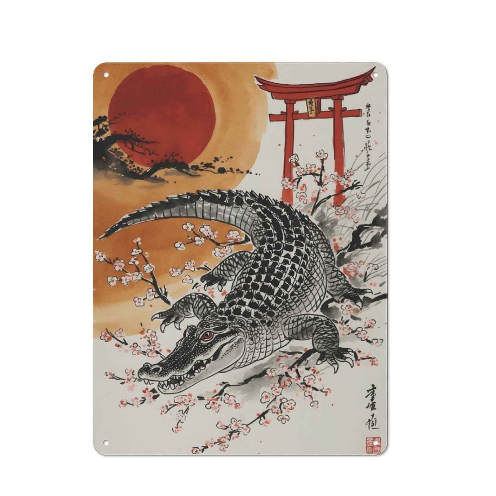 Junmoney Japan Alligator Painting Metal Plaque 40X30cm With For Pub Or Café, Rustic Decor, For Garage, Workshop And Man Cave Decoration