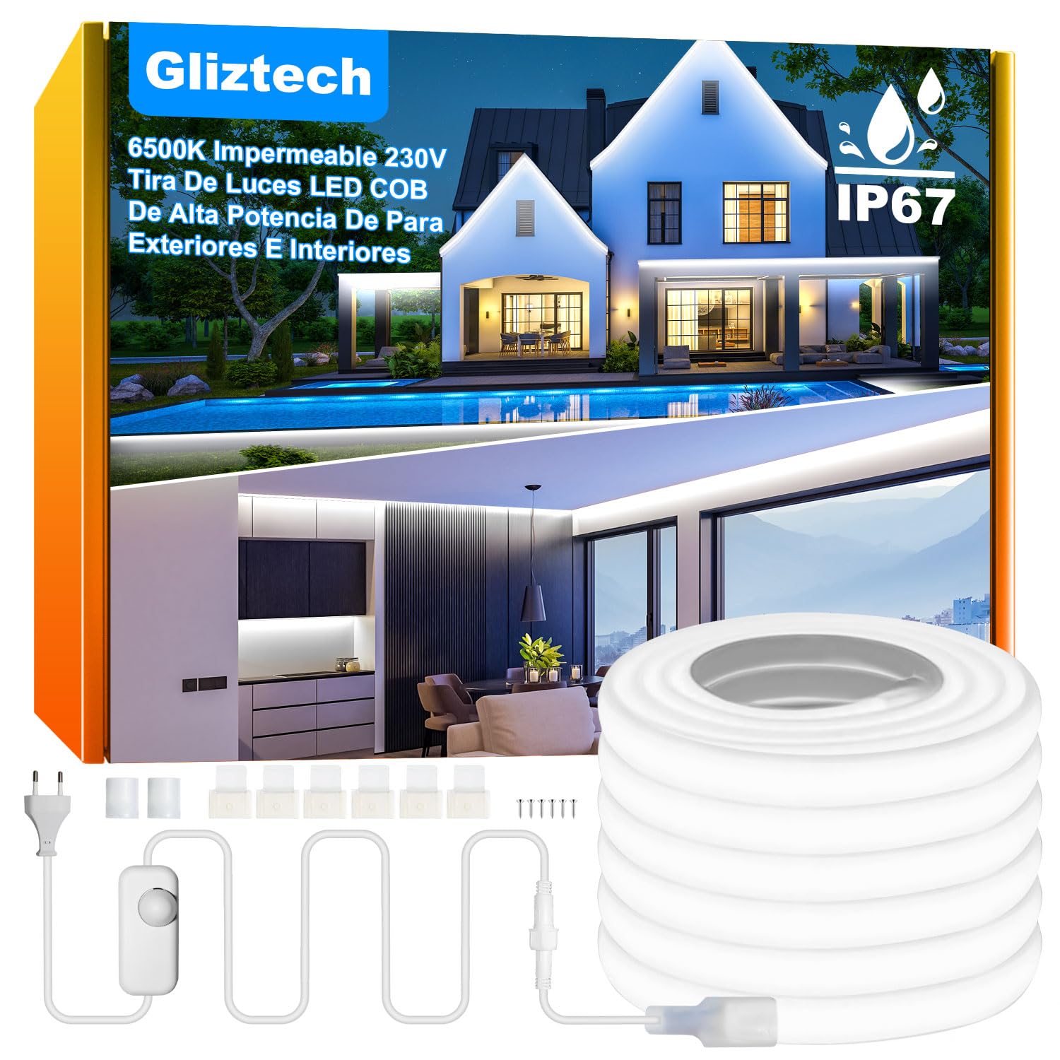 Striscia LED COB Esterno Impermeabile IP67 Spina Diretta, 20M Striscia Led 220V Luminosità per Esterni con Doppio Controller Fusibile, 6500K LED COB Bianca per Commerciali da Giardino e Patio