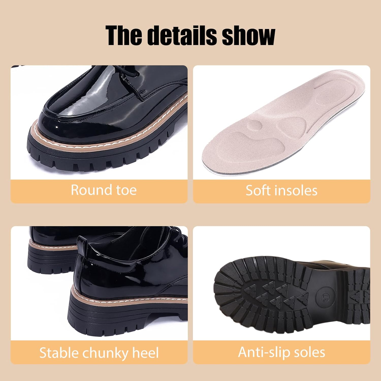 Women's Patent Leather Platform Oxfords Comfortable Round Toe Chunky Heel Anti-Slip Lug Sole Causal Lace-up Loafers Dress Work Shoes for Business Commuting School