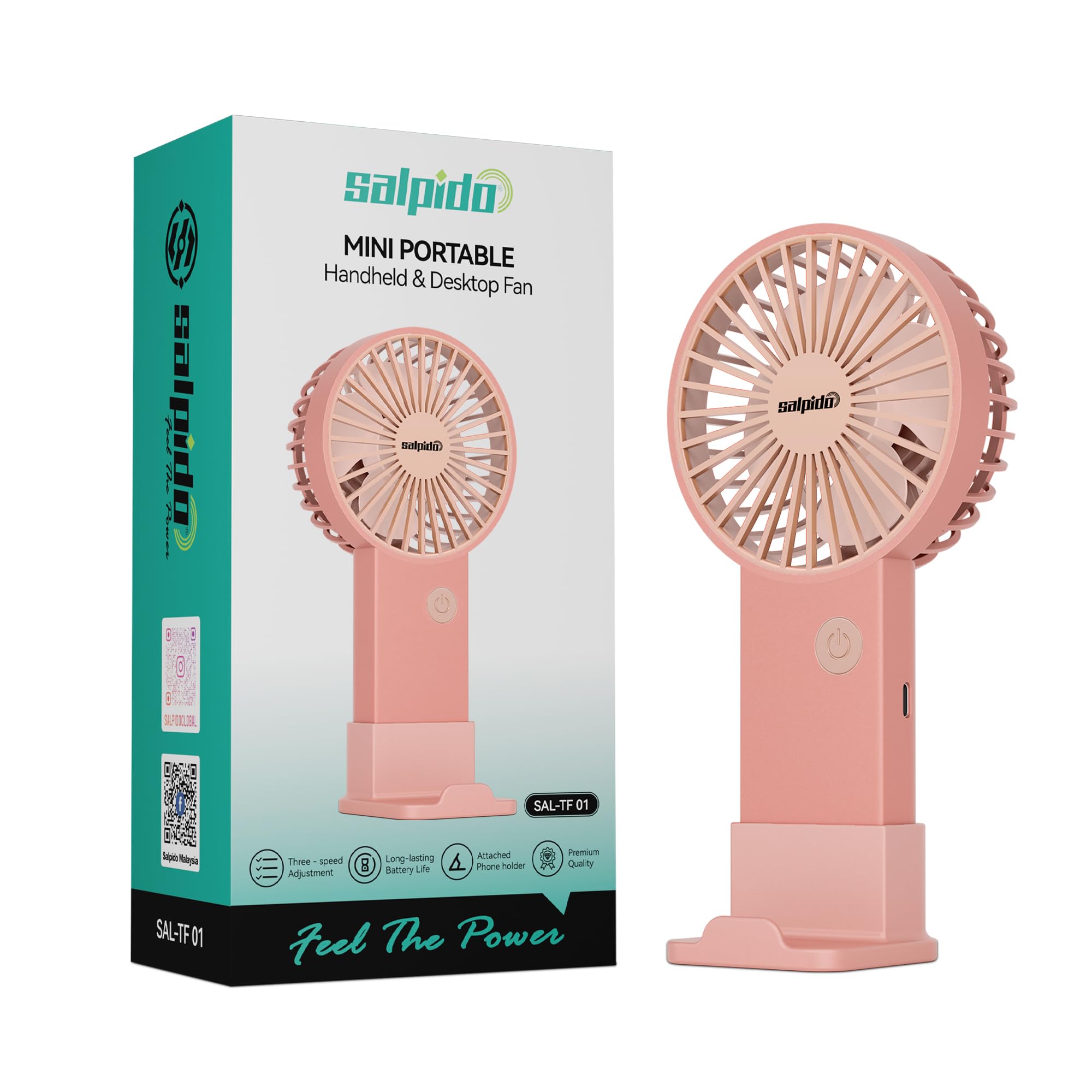 Mini Portable Handheld & Desktop Fan with Phone Holder, 3-Speed Adjustment, Type-C Charging (SAL-TF01 - Pink)-picture-11