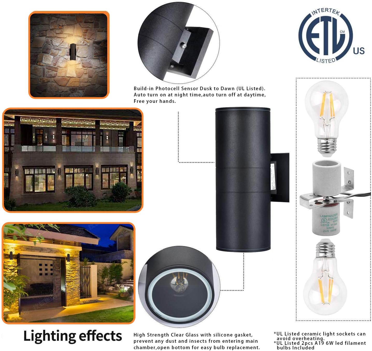 🔥 Hоt Dеаlѕ Dusk to Dawn Outdoor Lighting,Rosykite Up and Down Lights Outdoor Wall Sconce - 2 Light Lamps Included,Exterior Light Fixture Outdoor Wall Lights for Patio ,Porch,Front Door [ETL Listed]