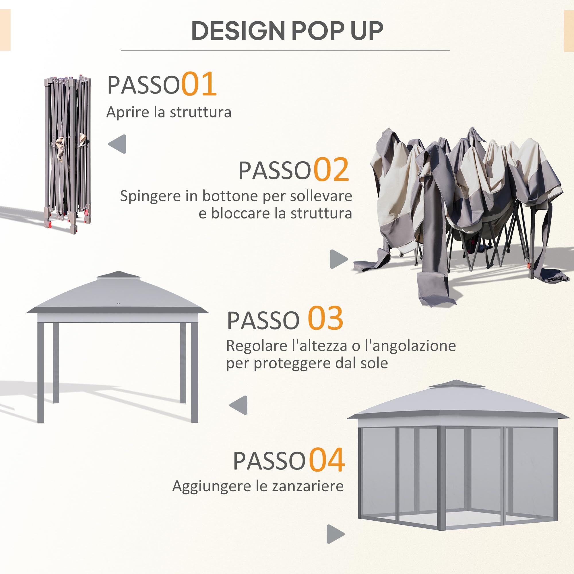Outsunny Gazebo Pop Up 3.3x3.3 m Regolabile in Altezza su 3 Livelli con Zanzariere, Gazebo da Esterno con Tetto Doppio, Pannelli Laterali e Borsa da Trasporto in Metallo e Tessuto Oxford, Grigio