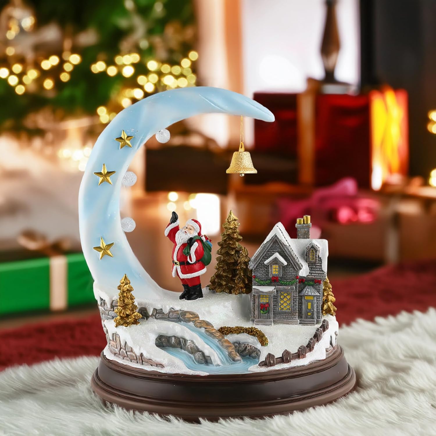 Animated Christmas Village Scene with LED Light Resin Santa House Figurine Ornament Festival Desktop Decoration