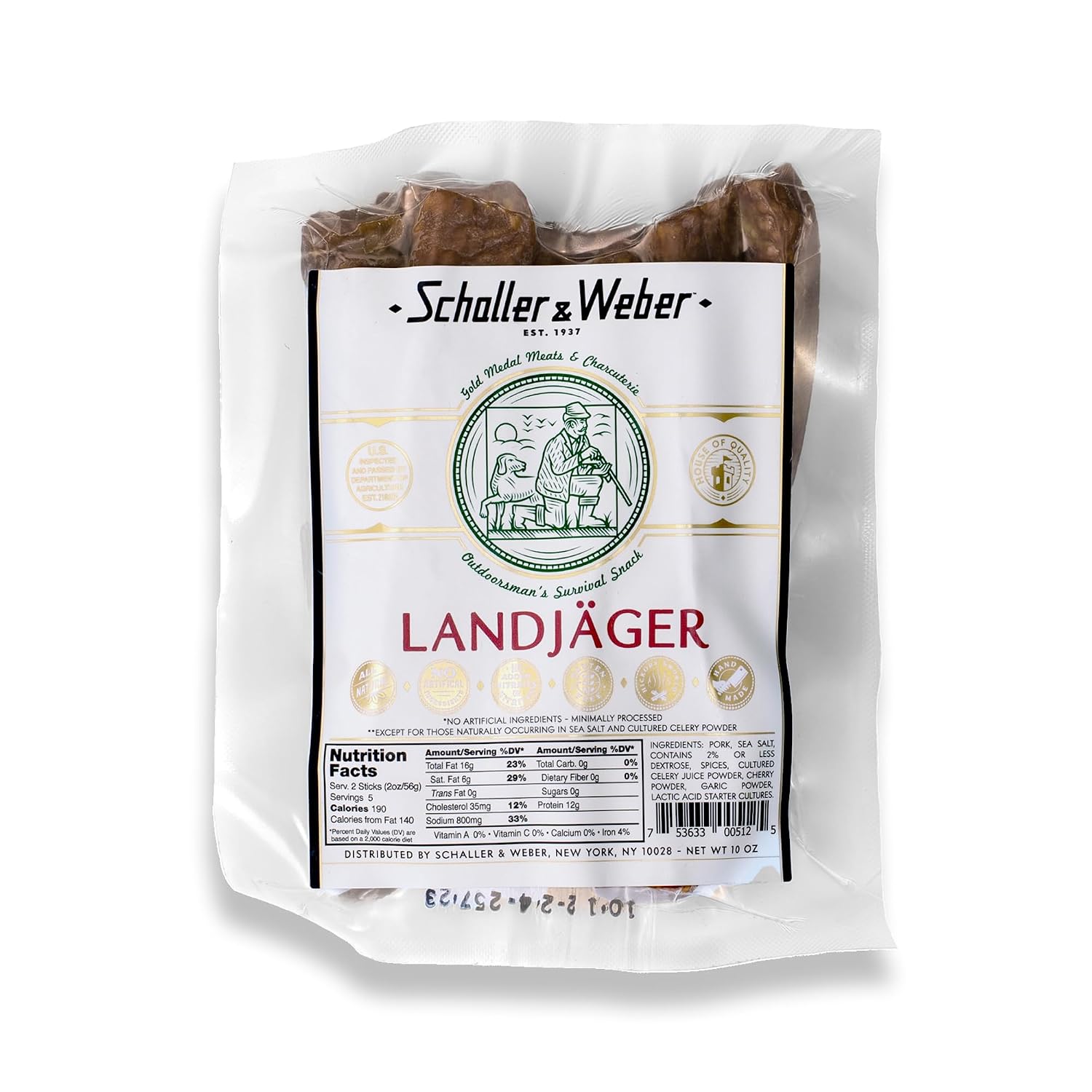 Schaller & Weber Landjäger Smoked German Sausage 10oz - Hickory Smoked All Natural Gluten Free Hiking Snack
