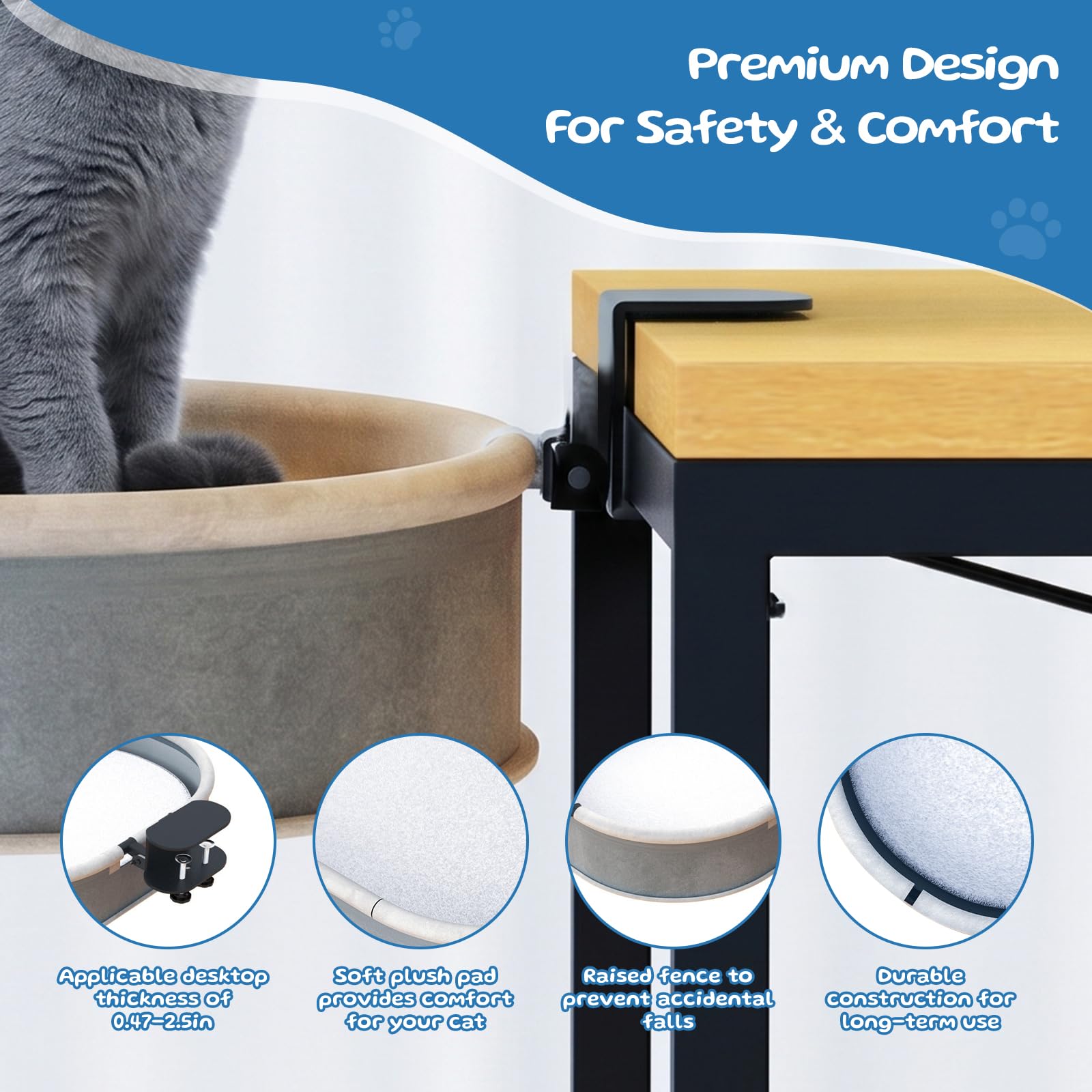 Cama para Gatos Cesta de hasta 27 kg - Fijación Estable de Cat Desk Bed sin Necesidad de Taladrar - Cama Plegable a 90° para Gatos con Estructura Metálica - Cama Gato Mesa Que Ahorra Espacio