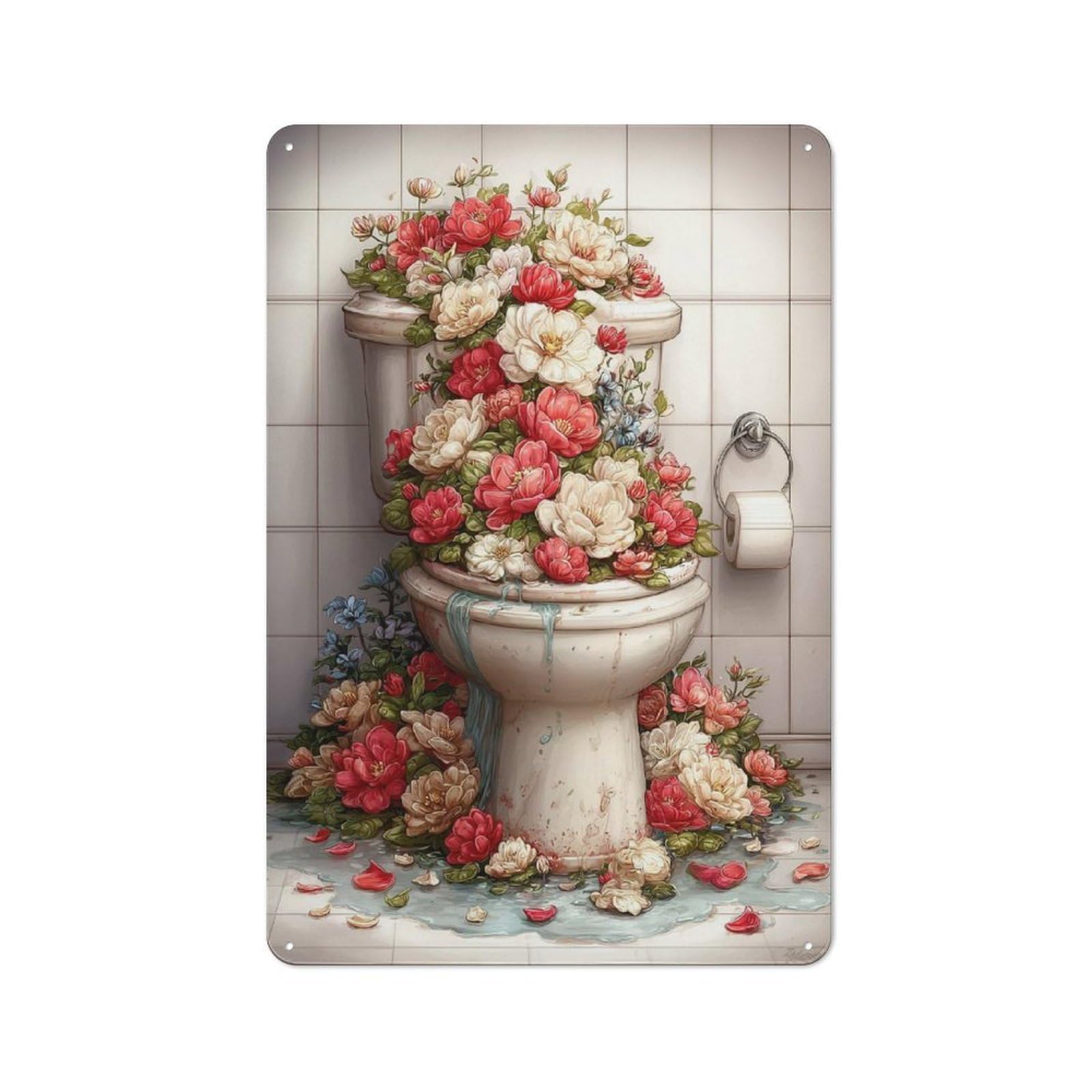 Junmoney Style-19 Tin Wall Plaque 30X20cm With Floral Toilet Art For Garage Wall, With Clear Vintage Wall Decor Character