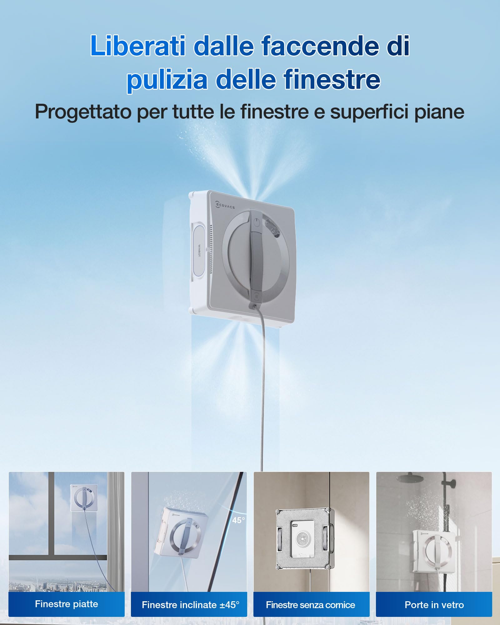 ECOVACS W2 PRO Robot Lavavetri, Robot Vetri con 3 Ugelli Spruzzatori d'acqua, Sistema di Protezione a 10 Livelli, Pianificazione del Percorso WIN-SLAM 4.0, Sistema di Scalata Stabile