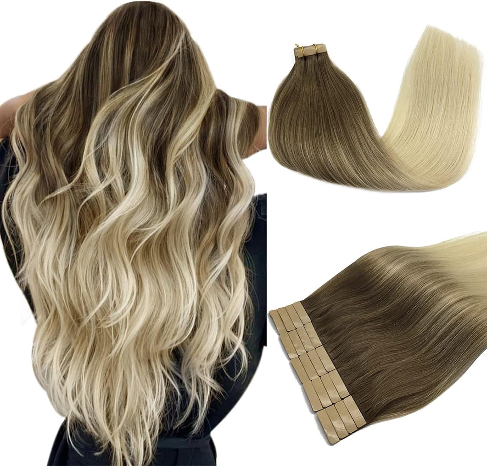 DOORES Tape in Hair Extensions Human Hair Ombre Ash Brown to Platinum Blonde 18 Inch 20pcs 50g Human Hair Extensions Tape in Skin Weft Remy