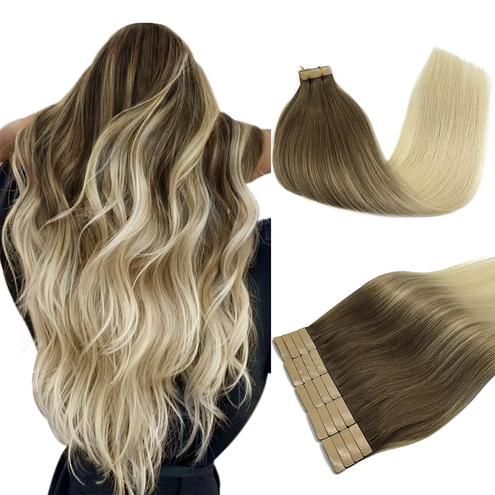 DOORES Tape in Human Hair Extensions Remy Ombre Ash Brown to Platinum Blonde 50g 20pcs 24 Inch Hair Extensions Tape in Natural Straight