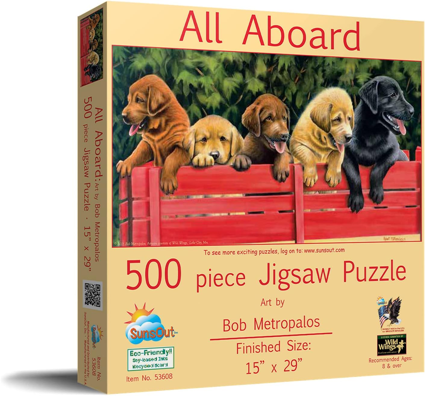 SUNSOUT INC - All Aboard - 500 pc Jigsaw Puzzle by Artist: Bob Metropulos - Finished Size 15" x 29" Dogs - MPN# 53608