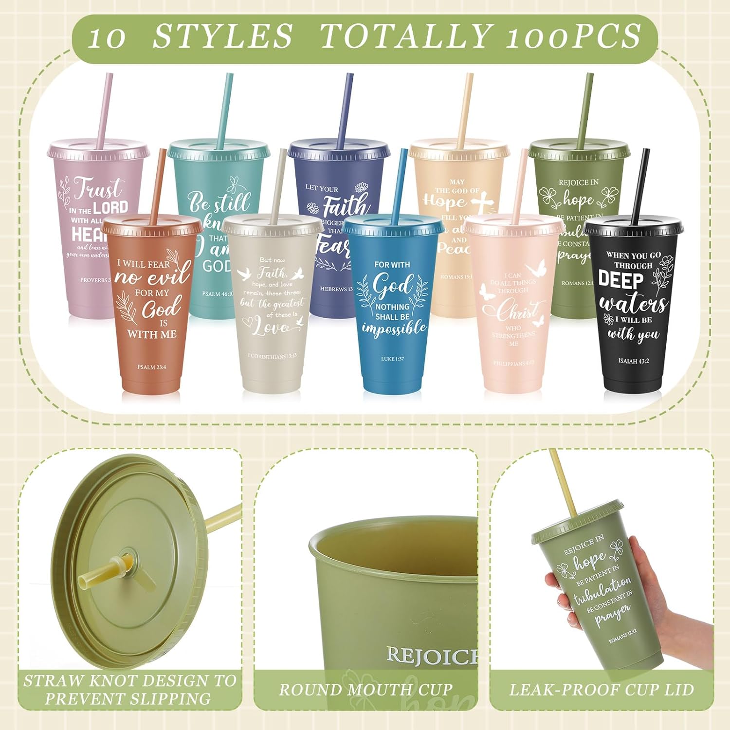 Uiifan 100 Pcs Christian Gifts Cups Bulk for Women Bible Verse Christian Tumblers with Lids and Straw 24oz Religious Church Gifts for Women Church Volunteers (Morandi Color,Bible) - Image 3