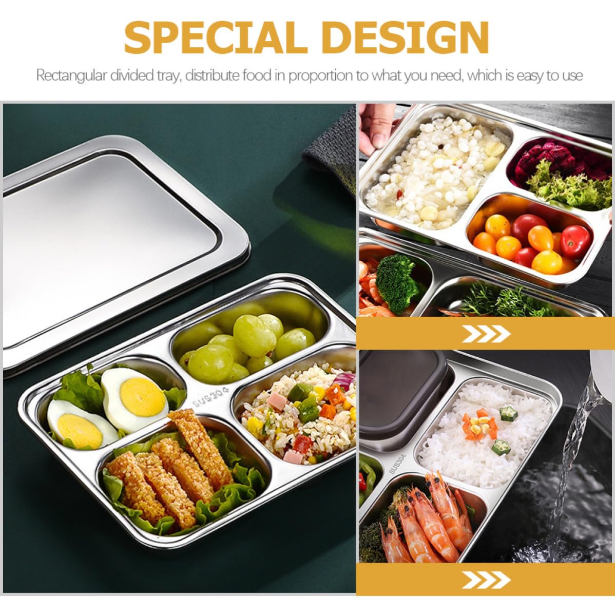 iplusmile Vassoio Pranzo Diviso in Acciaio Inox 2 Pezzi Argento
