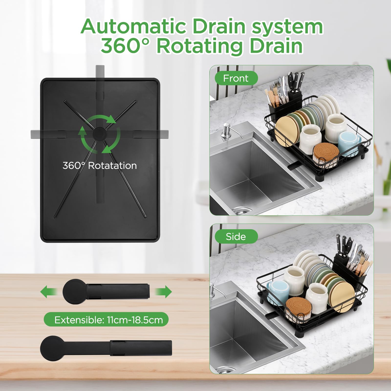 Cozary scolapiatti salvaspazio per il piano di lavoro della cucina con portautensili, scolapiatti da cucina con sgocciolatoio, nero