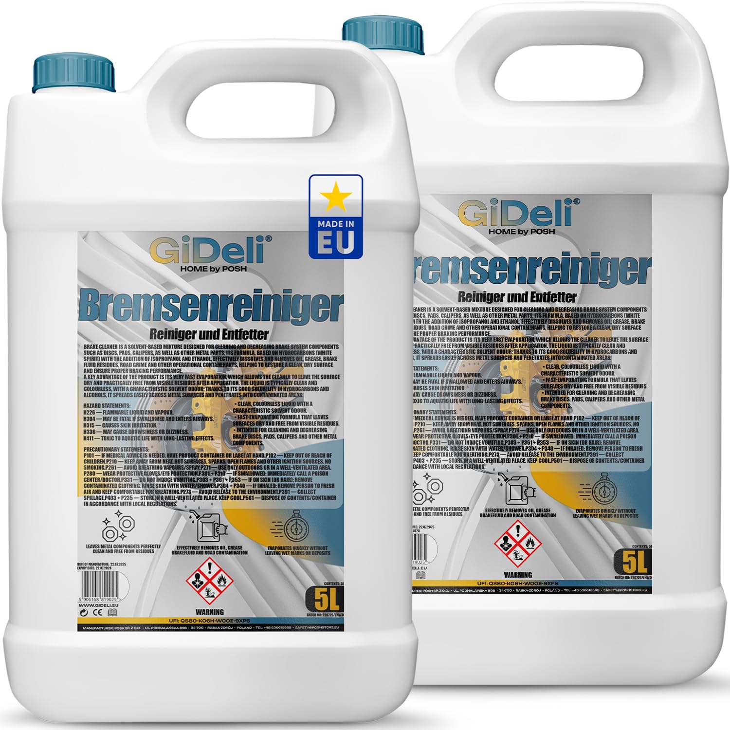 GiDeli Bremsenreiniger 2X 5L - für Auto, Motorrad & Fahrrad - entfernt Öl, Fett, Bremsstaub, Klebereste - Werkstatt-Entfetter, schnell trocknend, rückstandsfrei