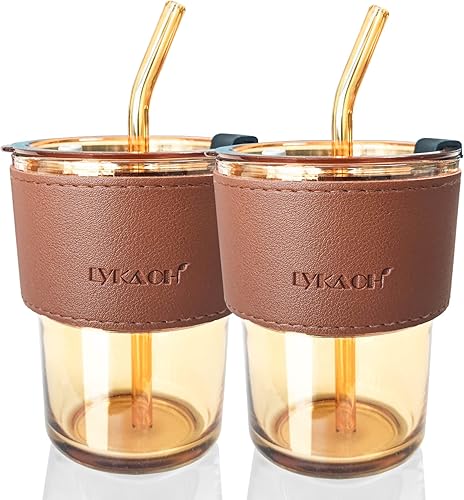 Xunsiga Taza de café helado de vidrio para mujer, vaso de vidrio con tapa y popote de vidrio para llevar, lindos vasos de agua, vasos de vidrio