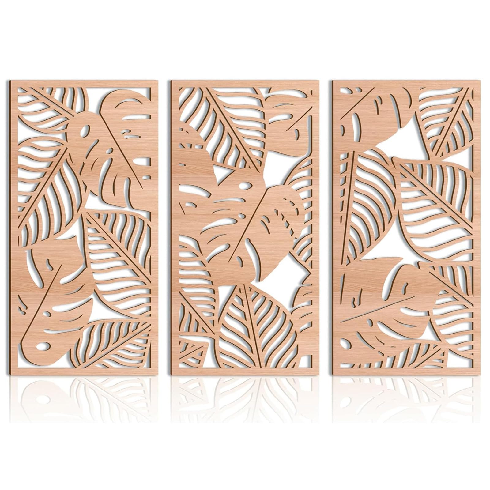 Yixuan 3 Pièces Sculpture Murale en Bois Naturel - Décor Mural Tropical Feuille de Monstera Style Boho Chic - Art Mural Moderne & Léger pour Salon, Chambre, Entrée ou Bureau - 2