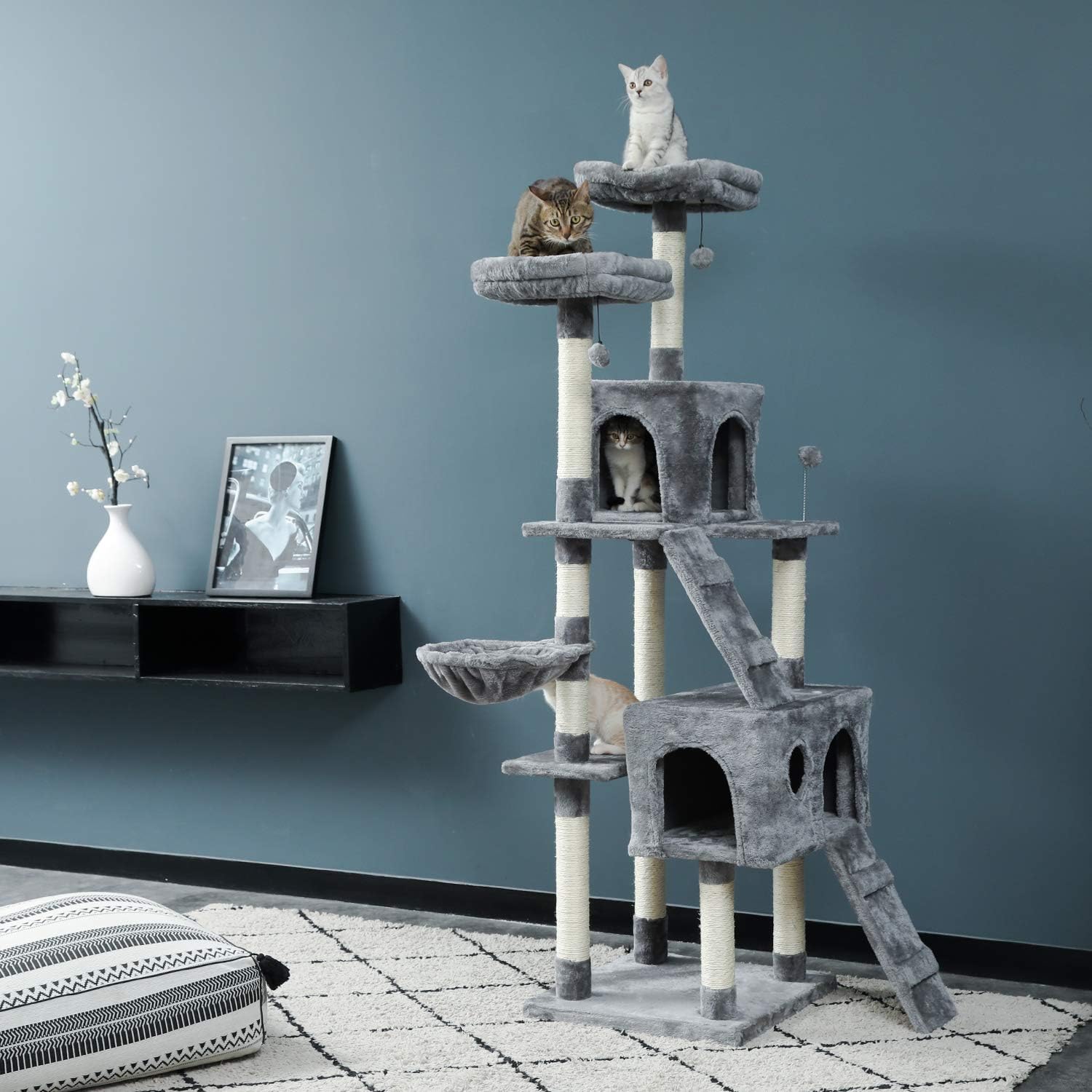 PAWZ Road 69 Inches Cat Tree with 2 Condos and 2 Perches, Kitty Climber Tower Furniture, Upgraded Version Grey : Pet Supplies
