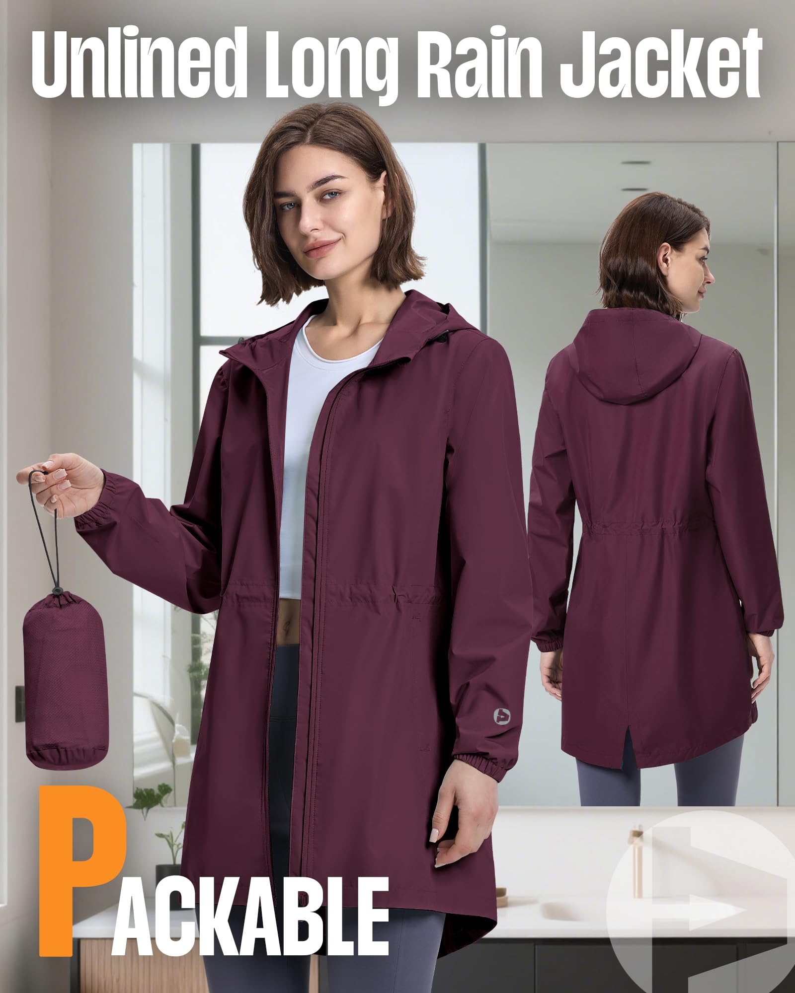 Outdoor Ventures Damen Wasserdicht Regenjacke Lang Windbreaker Übergangsjacke Leichte Atmungsaktiv Outdoorjacke Raincoat Regenparka mit Kapuze