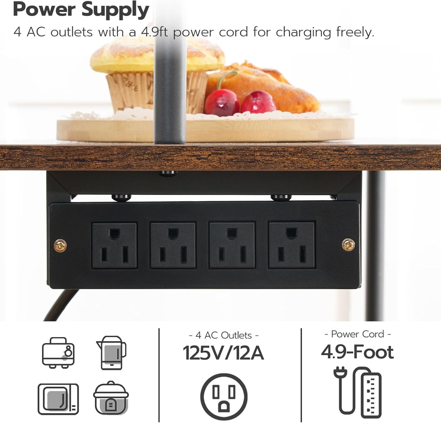 HOOBRO Kitchen Bakers Rack with Power Outlets, 5-Tier Microwave Stand, Coffee Bar Table with S-Shaped Hooks, Kitchen Storage Rack for Living Room, Dining Room, Rustic Brown and Black BF80UHB01