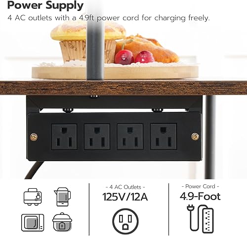 Miniatura 5 de HOOBRO Estante para hornear de cocina con tomas de corriente, soporte de microondas de 5 niveles, mesa de café con ganchos en forma de S, estante de