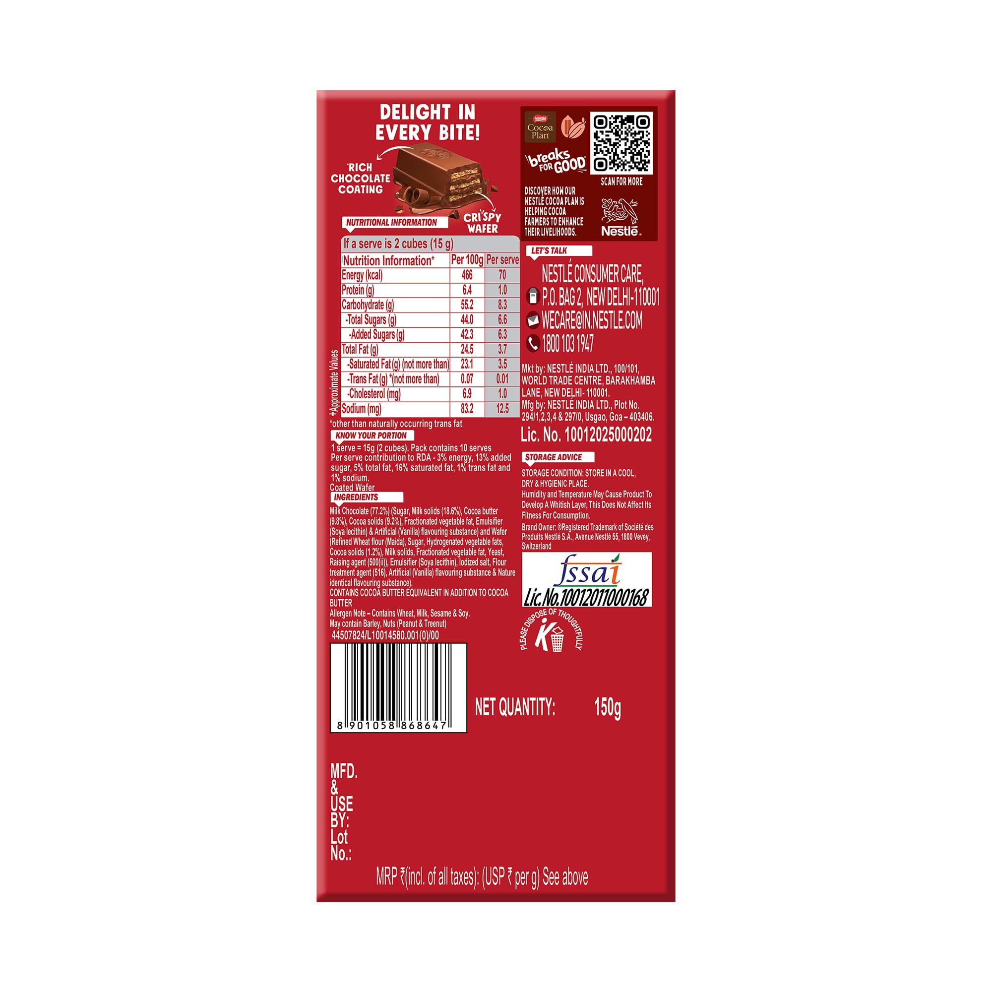 Nestlé KitKat Delight Rich Chocolate Coated Wafer Bar, 150g 1