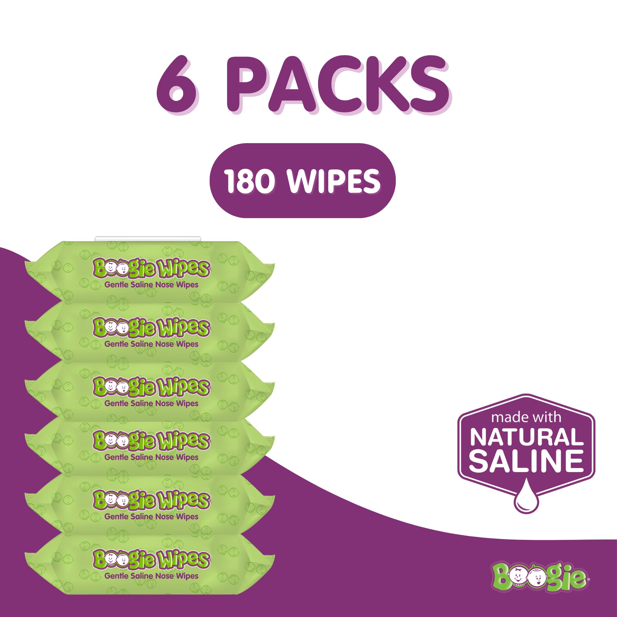 Boogie Wipes Natural Saline Kids and Baby Nose Wipes for Cold and Flu, Fresh Scent, 30 Count (Pack of 6) by Boogie Wipes