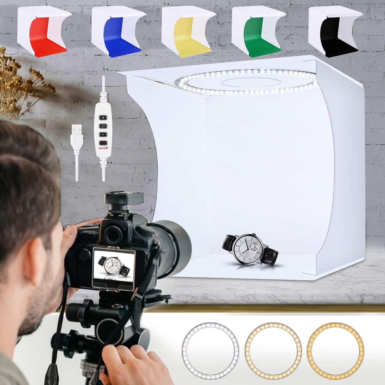 SLOW DOLPHIN  31cm Photo Studio Light Box Ring Light 80pcs LED Lights Adjustable Portable Folding Photography Shooting Light Tent Kit with White/Warm/Soft Lighting +6 Backdrops